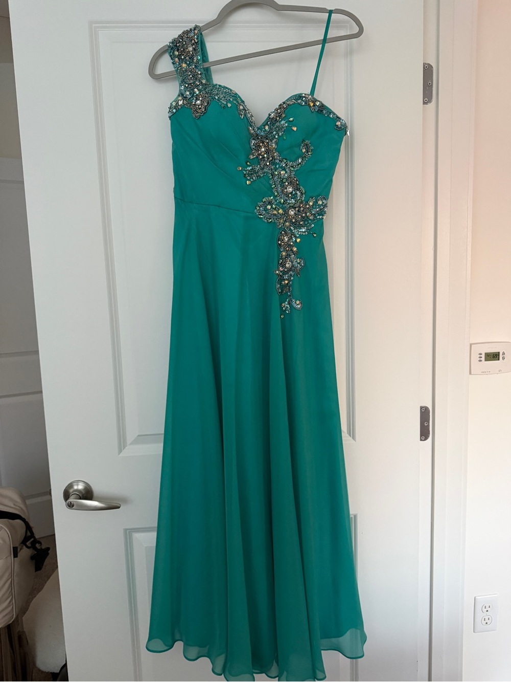 Dave & Johnny Teal One-Shoulder Beaded Chiffon Maxi Dress